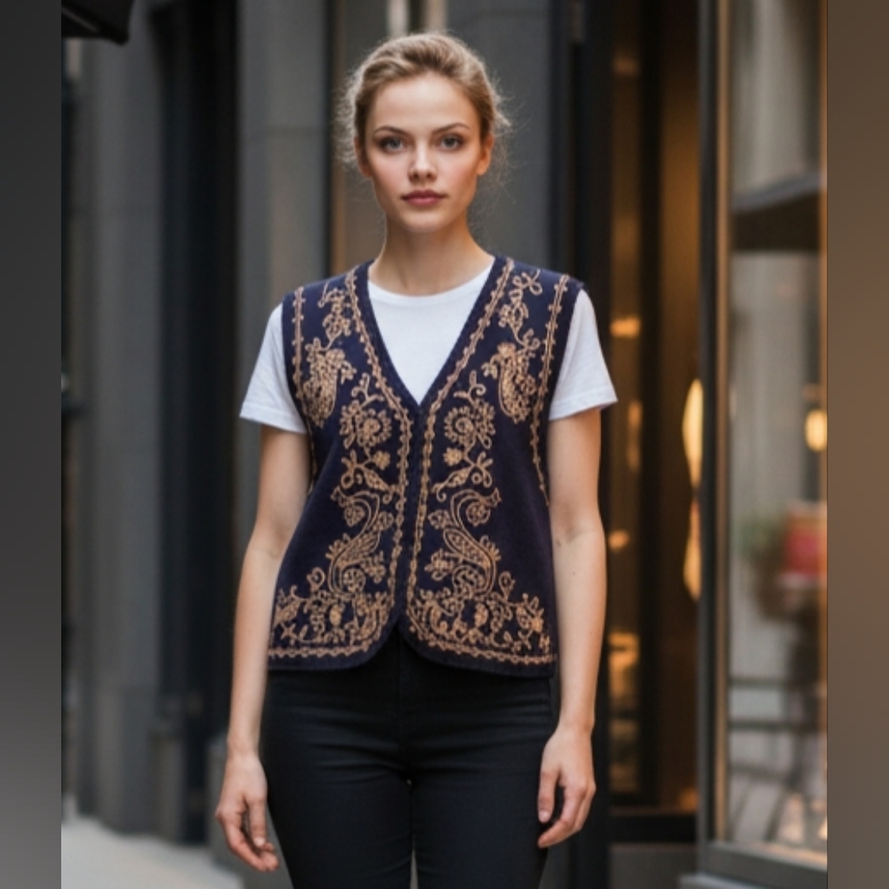 Vintage Ivy Collection XL Sweater Vest "Missy" Navy W/Gold Embroidery NWT